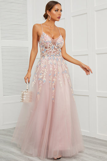 Spaghetti Straps Pink Tulle Formal Dress