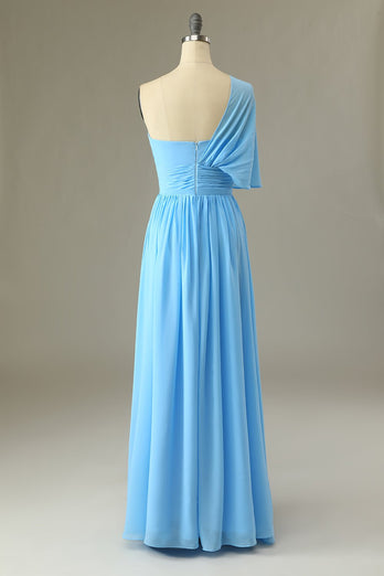 One Shoulder Blue Bridesmaid Dress