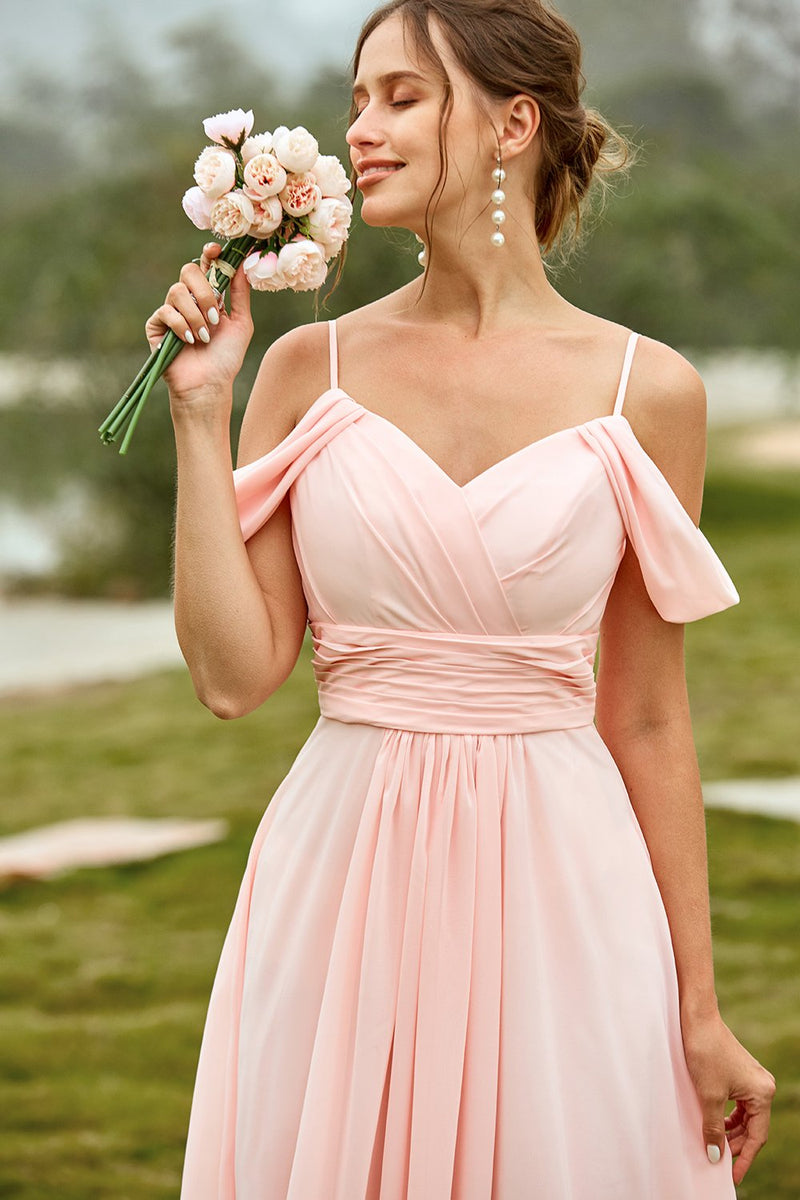 Load image into Gallery viewer, Off Shoulder Blush Bridesmaid Dress