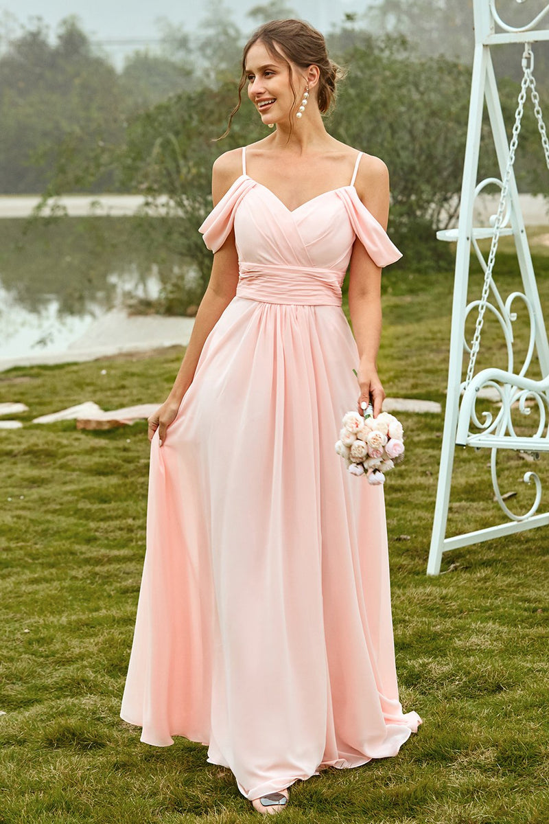 Load image into Gallery viewer, Off Shoulder Blush Bridesmaid Dress