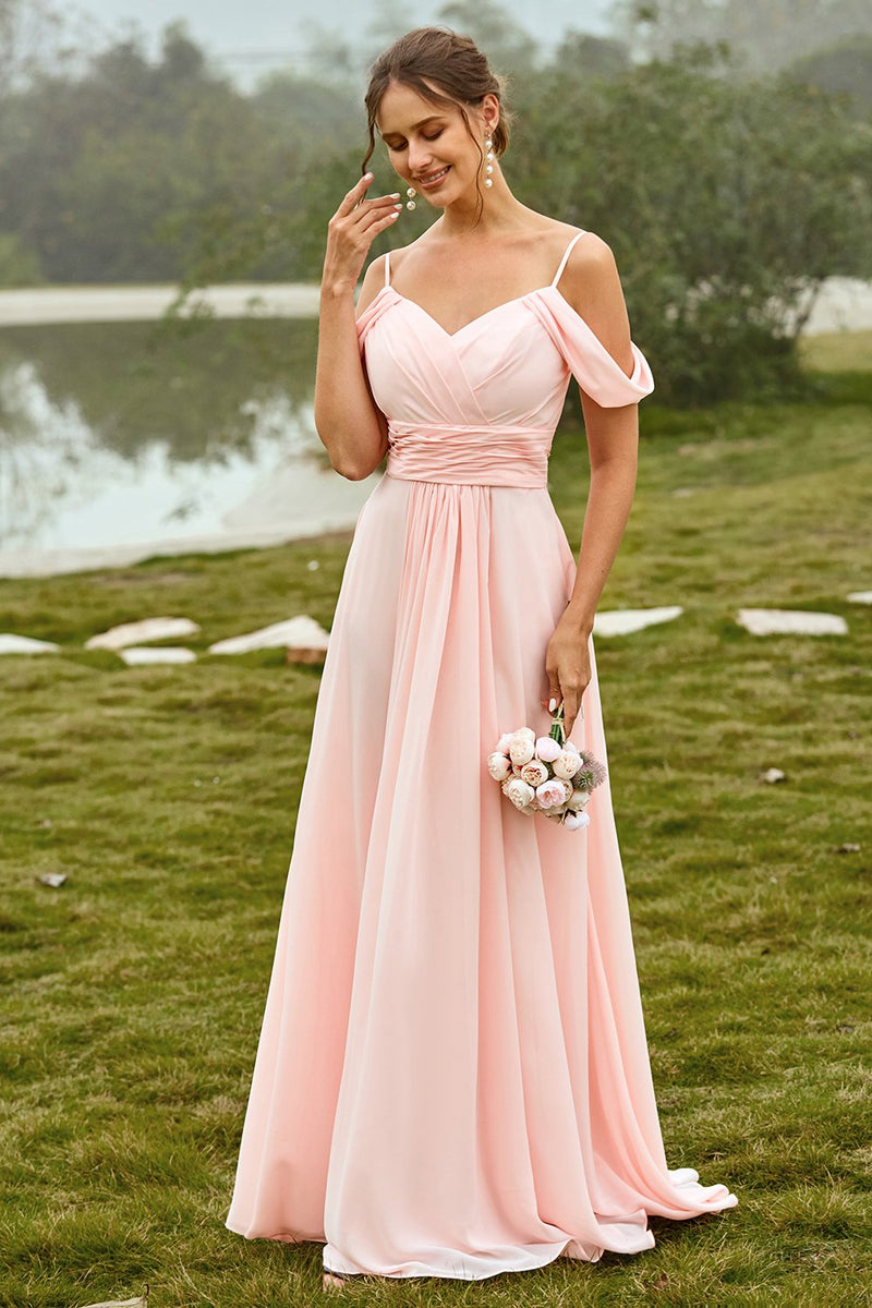 Load image into Gallery viewer, Off Shoulder Blush Bridesmaid Dress