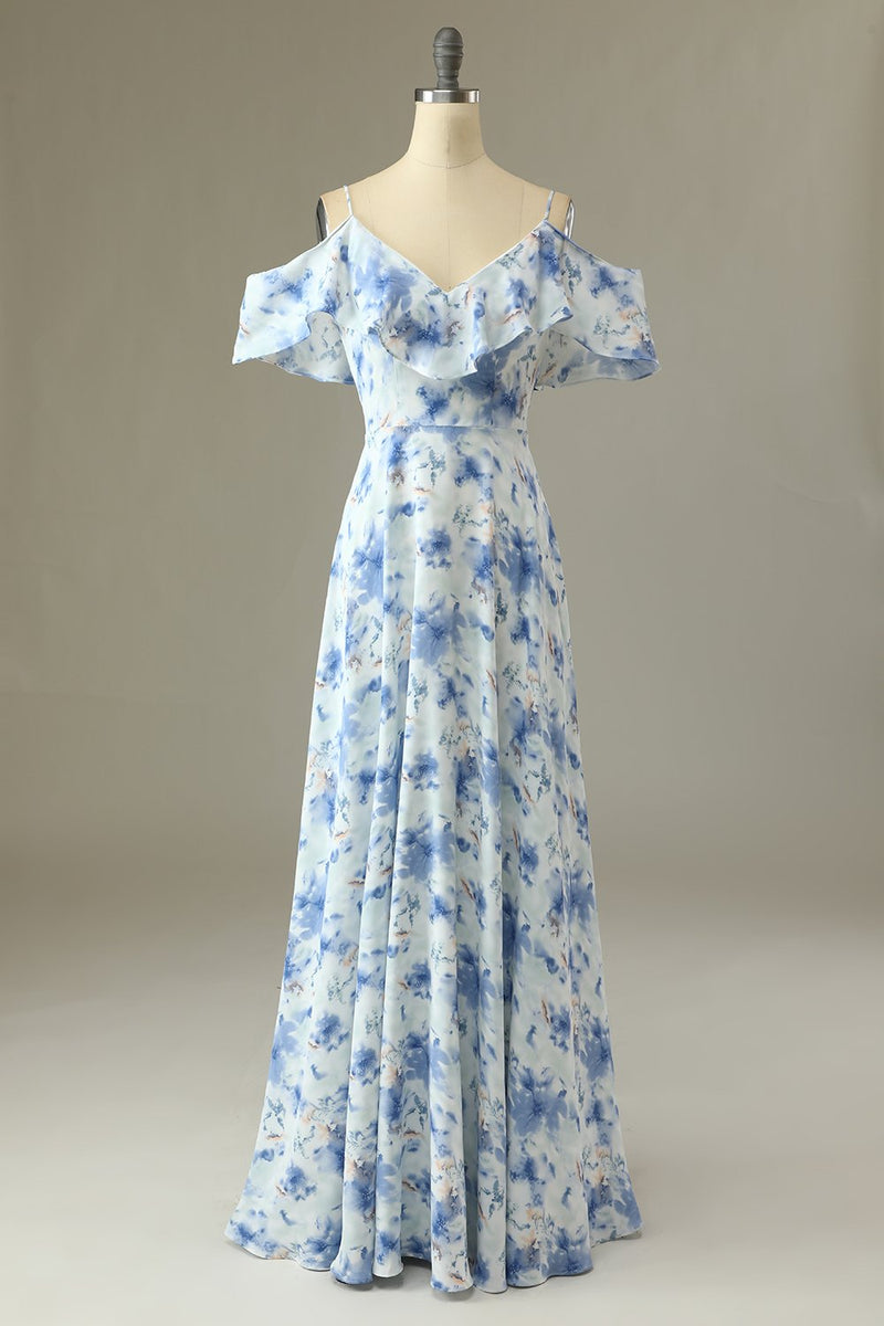 Load image into Gallery viewer, A Line Off the Shoulder Blue Floral Print Long Bridesmaid Dress