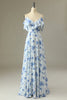 Load image into Gallery viewer, A Line Off the Shoulder Blue Floral Print Long Bridesmaid Dress