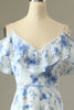 Load image into Gallery viewer, A Line Off the Shoulder Blue Floral Print Long Bridesmaid Dress