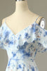 Load image into Gallery viewer, A Line Off the Shoulder Blue Floral Print Long Bridesmaid Dress