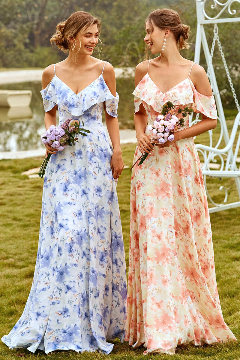 Load image into Gallery viewer, Print Blush Bridesmaid Dress with Ruffle