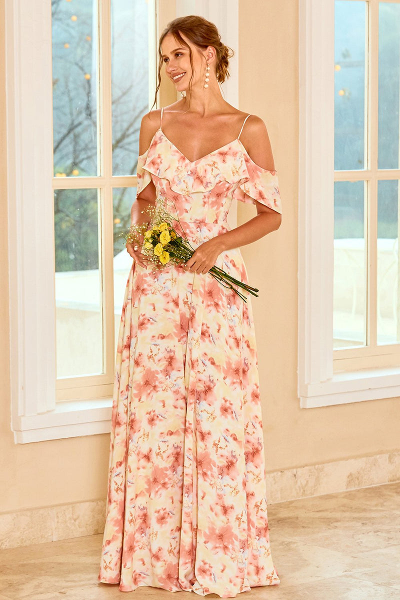 Load image into Gallery viewer, Print Blush Bridesmaid Dress with Ruffle