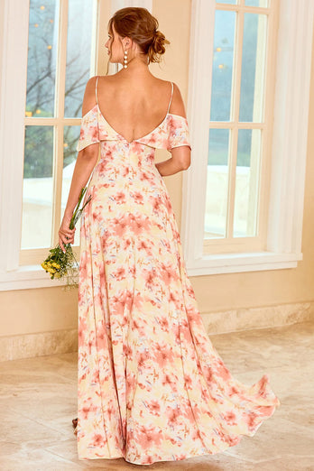 Print Blush Bridesmaid Dress with Ruffle