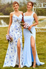 Load image into Gallery viewer, Sheath Spaghetti Straps Blue Floral Print Long Bridesmaid Dress with Split Front