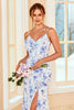 Load image into Gallery viewer, Sheath Spaghetti Straps Blue Floral Print Long Bridesmaid Dress with Split Front