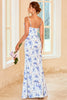 Load image into Gallery viewer, Sheath Spaghetti Straps Blue Floral Print Long Bridesmaid Dress with Split Front