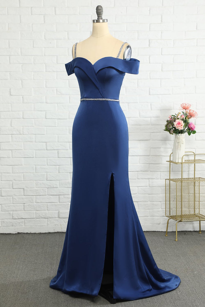 Load image into Gallery viewer, Mermaid Off the Shoulder Navy Bridesmaid Dress with Beading