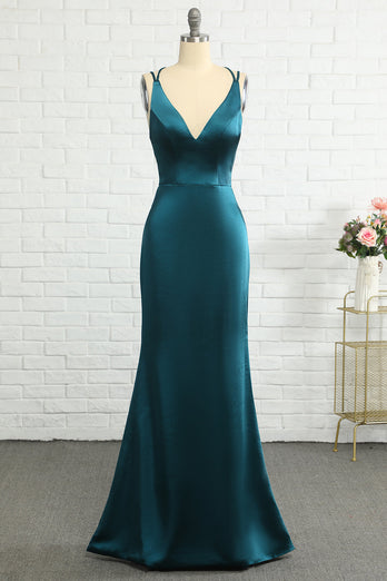 Peacock Blue Mermaid Backless Long Formal Dress