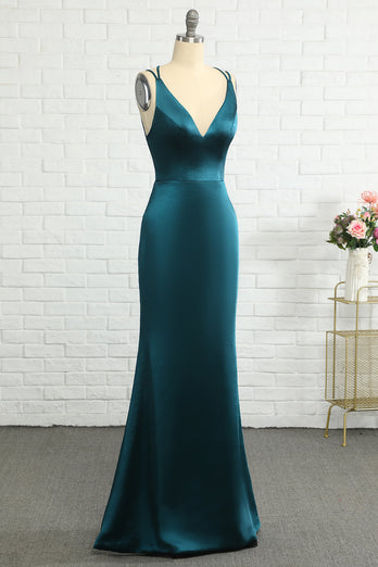 Peacock Blue Mermaid Backless Long Formal Dress