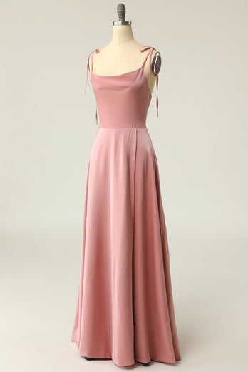 Blush Spaghetti Straps Long Formal Dress with Bowknot