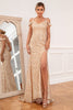 Load image into Gallery viewer, Sheath Off the Shoulder Champagne Sequins Party Dress with Split Front