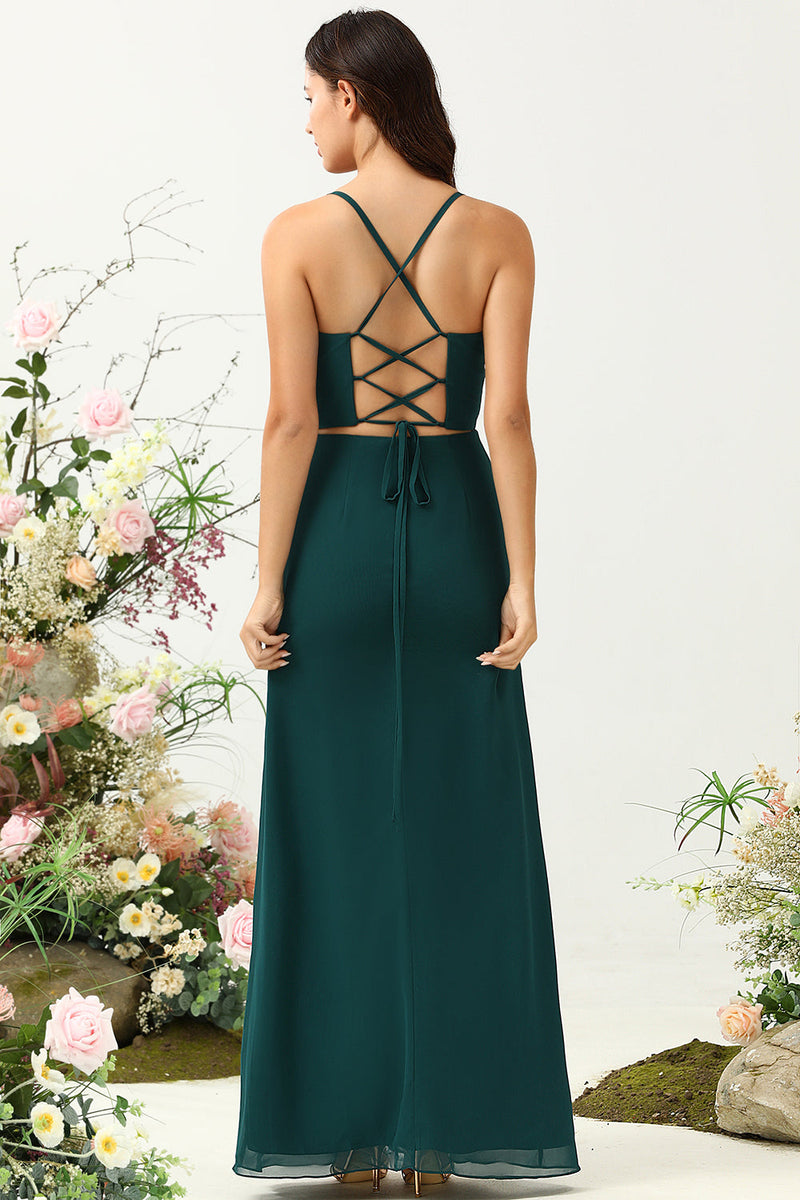 Load image into Gallery viewer, Dark Green Spaghetti Straps Wedding Guest Dress with Slit