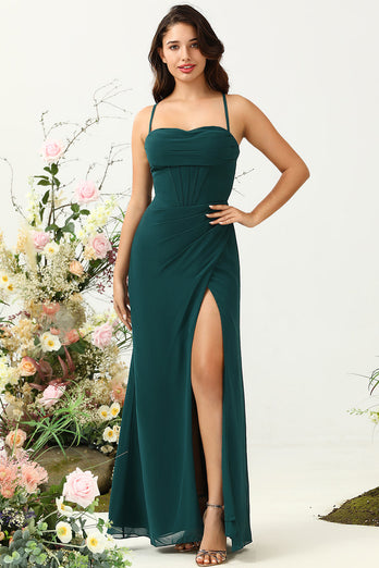 Dark Green Spaghetti Straps Wedding Guest Dress with Slit