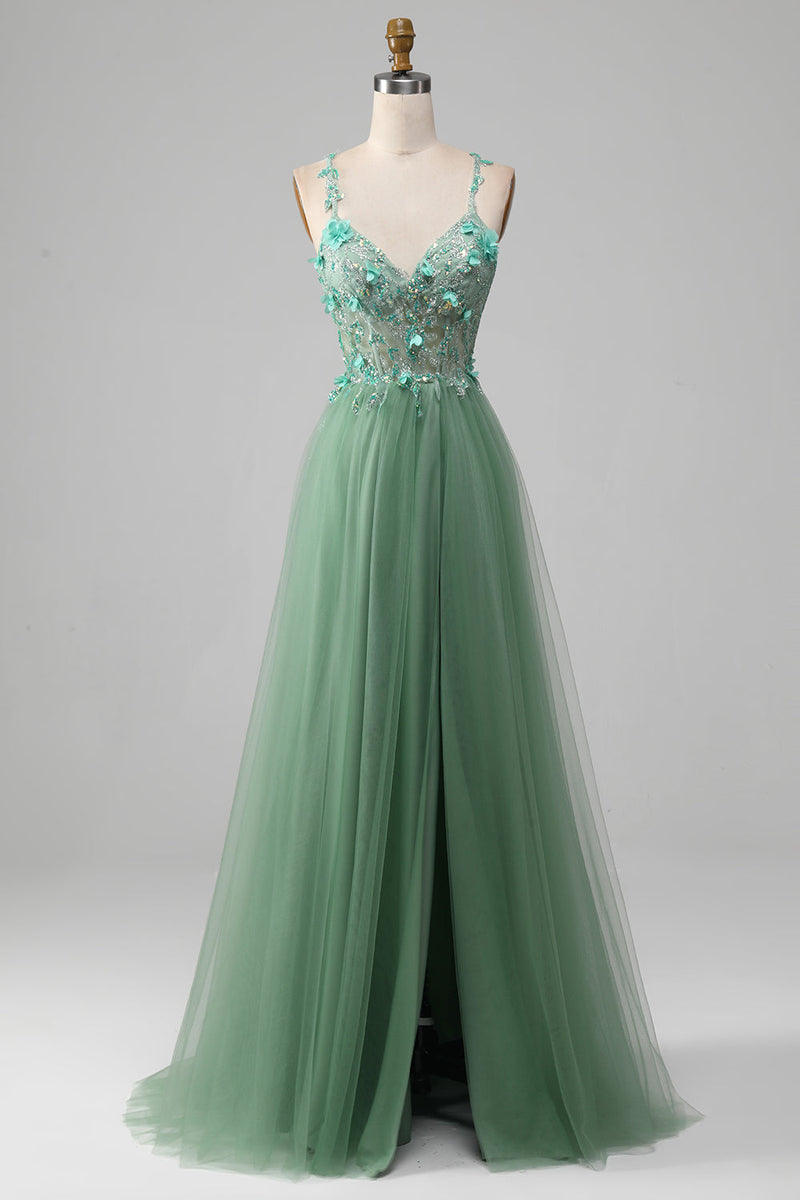 Load image into Gallery viewer, Sparkly Green A-Line Spaghetti Straps Corset Formal Dress With Appliques