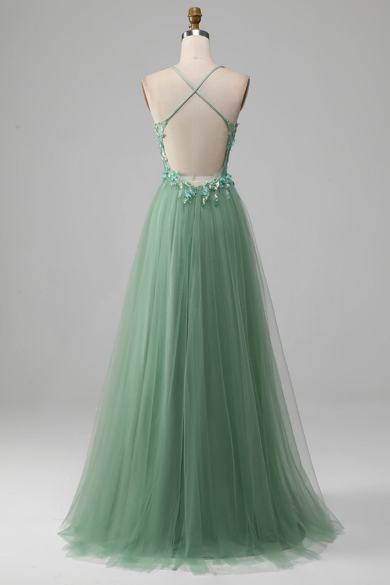 Load image into Gallery viewer, Sparkly Green A-Line Spaghetti Straps Corset Formal Dress With Appliques