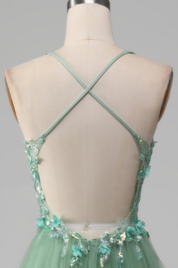 Sparkly Green A-Line Spaghetti Straps Corset Formal Dress With Appliques