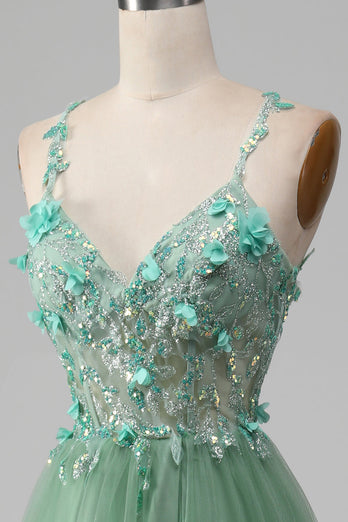 Sparkly Green A-Line Spaghetti Straps Corset Formal Dress With Appliques