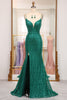 Load image into Gallery viewer, Glitter Dark Green Mermaid Long Formal Dress With Slit