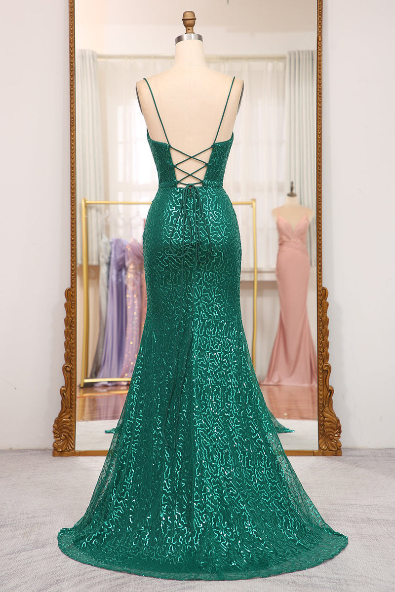 Load image into Gallery viewer, Glitter Dark Green Mermaid Long Formal Dress With Slit