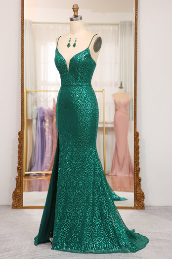 Glitter Dark Green Mermaid Long Formal Dress With Slit