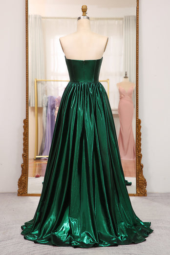 Sparkly Dark Green A Line Strapless Long Pleated Formal Dress