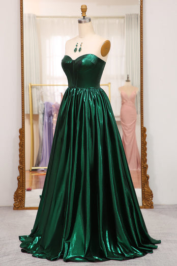 Sparkly Dark Green A Line Strapless Long Pleated Formal Dress