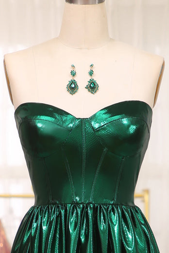 Sparkly Dark Green A Line Strapless Long Pleated Formal Dress