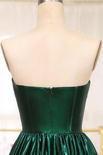 Sparkly Dark Green A Line Strapless Long Pleated Formal Dress