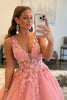 Load image into Gallery viewer, Princess A Line Deep V Neck Blush Long Formal Dress with Appliques