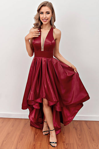 Burgundy High Low Formal Dress with Pockets