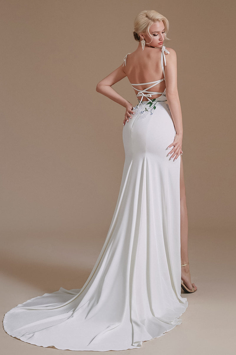 Load image into Gallery viewer, White Mermaid Backless Sweep Train Wedding Dress with Appliques