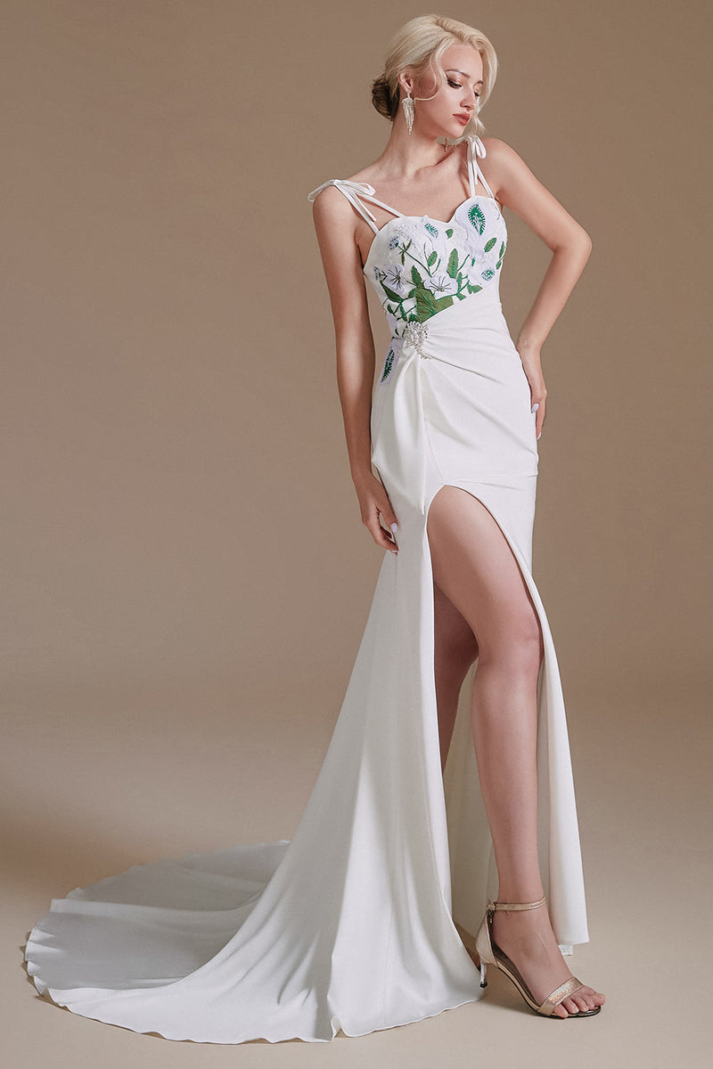 Load image into Gallery viewer, White Mermaid Backless Sweep Train Wedding Dress with Appliques