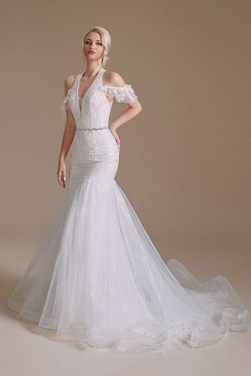 Load image into Gallery viewer, White Mermaid Halter Sweep Train Wedding Dress with Lace