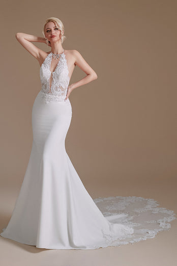 White Mermaid Halter Backless Sweep Train Wedding Dress with Lace