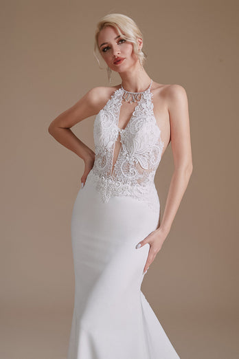 White Mermaid Halter Backless Sweep Train Wedding Dress with Lace