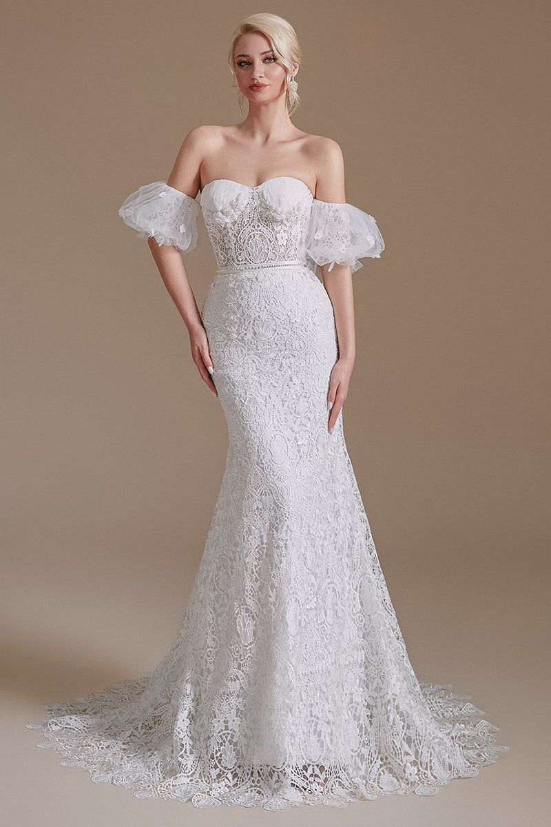 Load image into Gallery viewer, White Mermaid Lace Detachable Puff Sleeves Sweep Train Bridal Dress