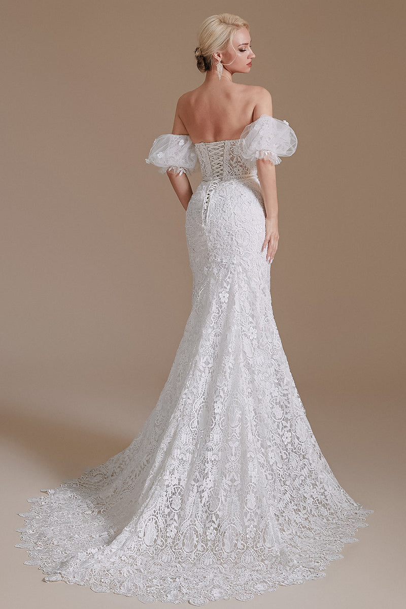 Load image into Gallery viewer, White Mermaid Lace Detachable Puff Sleeves Sweep Train Bridal Dress