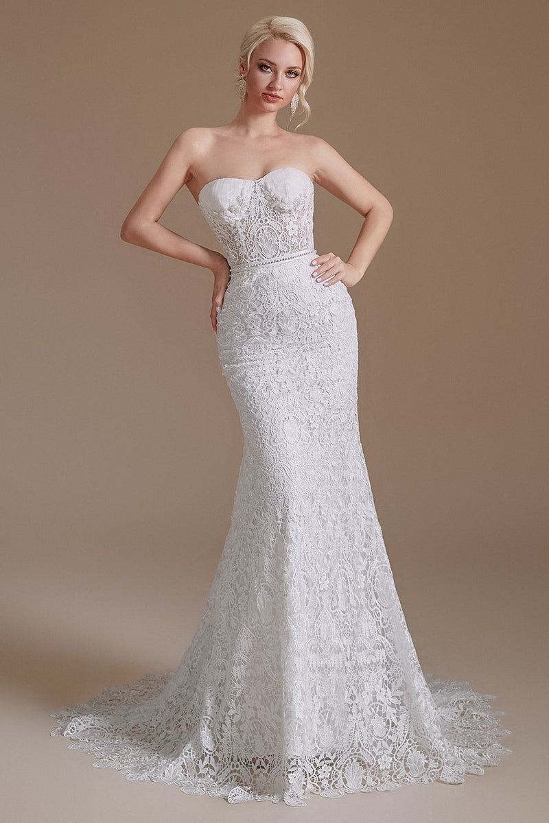 Load image into Gallery viewer, White Mermaid Lace Detachable Puff Sleeves Sweep Train Bridal Dress