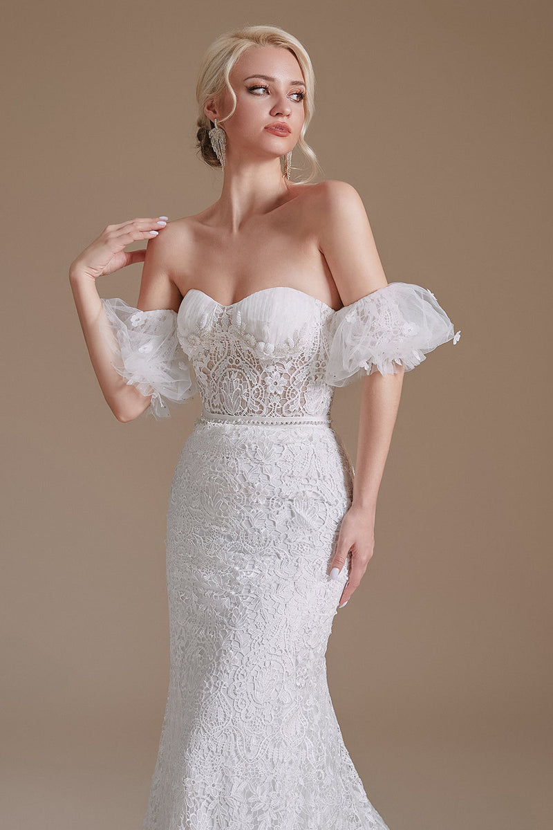 Load image into Gallery viewer, White Mermaid Lace Detachable Puff Sleeves Sweep Train Bridal Dress