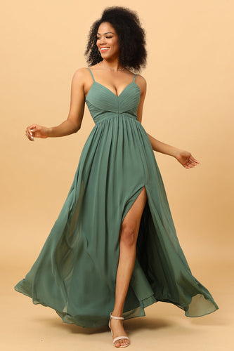 Eucalyptus A Line Spaghetti Straps Ruched Long Chiffon Bridesmaid Dress with Slit