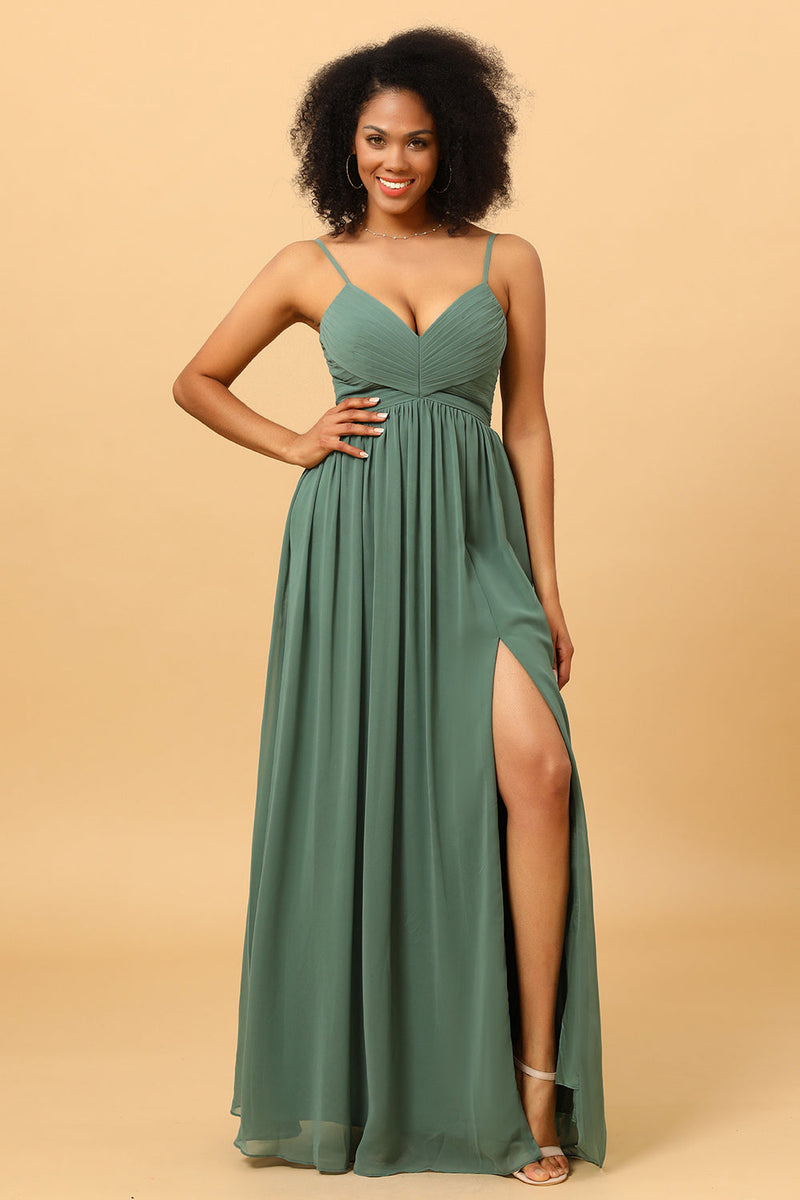 Load image into Gallery viewer, Eucalyptus A Line Spaghetti Straps Ruched Long Chiffon Bridesmaid Dress with Slit