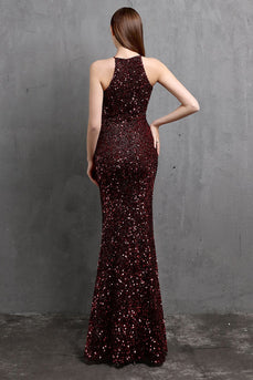 Burgundy Sequin Long Formal Dress with Slit