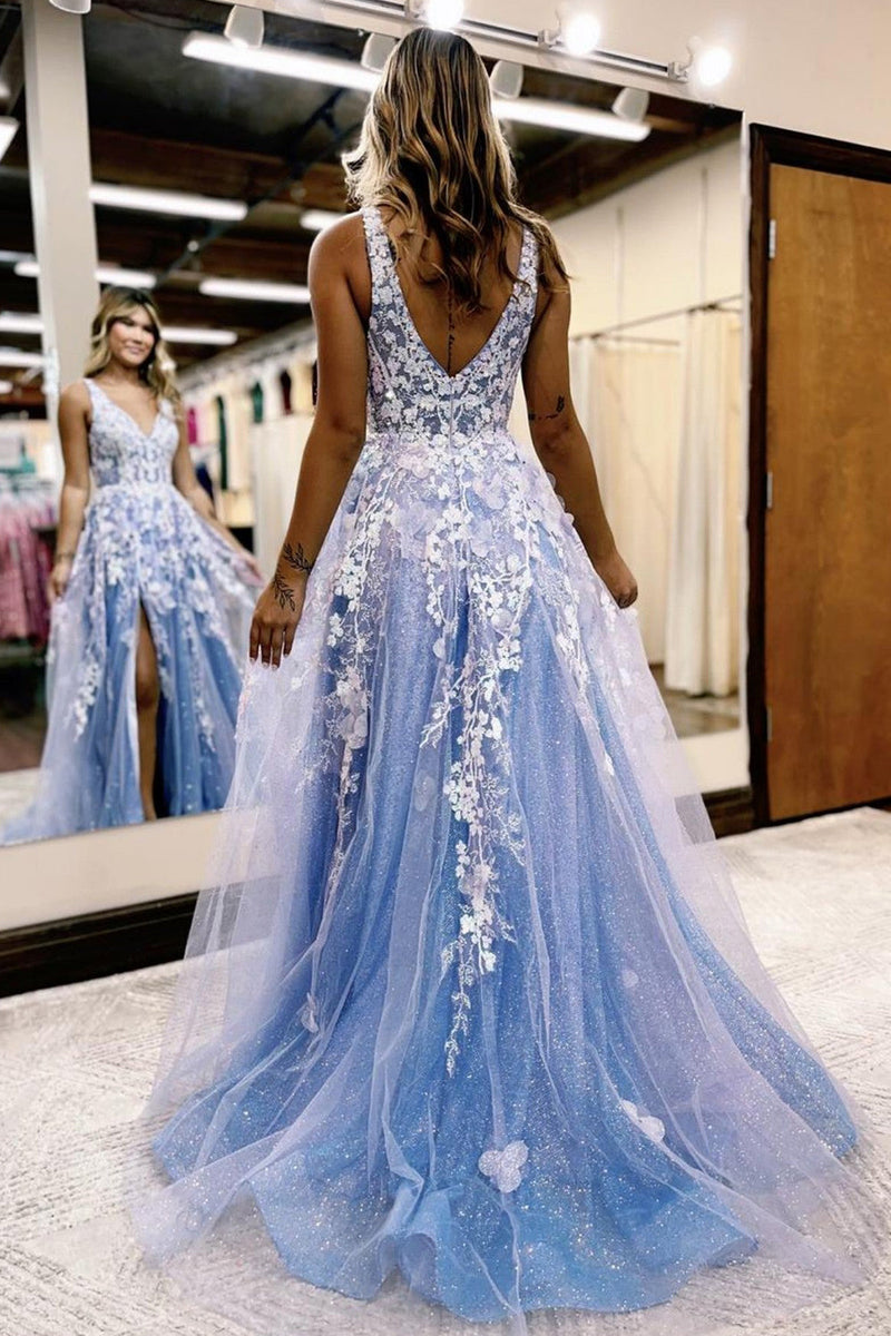 Load image into Gallery viewer, Glitter Blue Lace A-Line Long Formal Dress with Flowers and Pockets