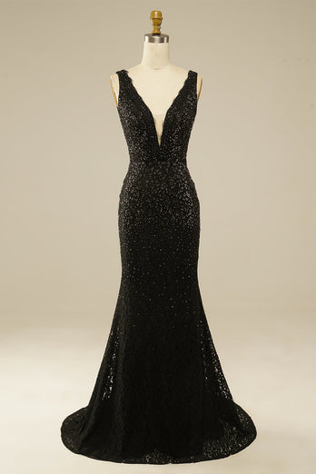 Elegant Glitter Rhinestone Black Lace Long Formal Dress