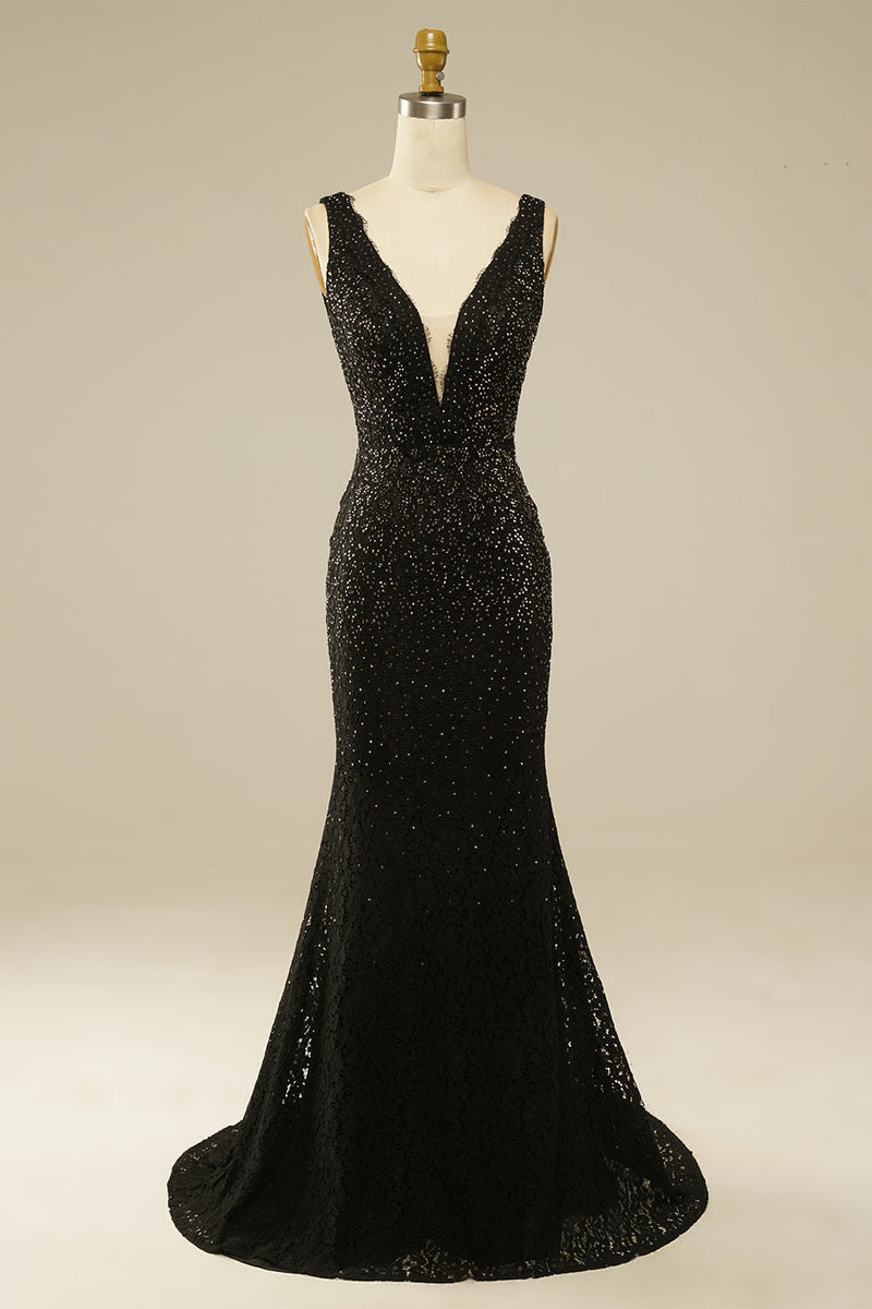 Load image into Gallery viewer, Elegant Glitter Rhinestone Black Lace Long Formal Dress